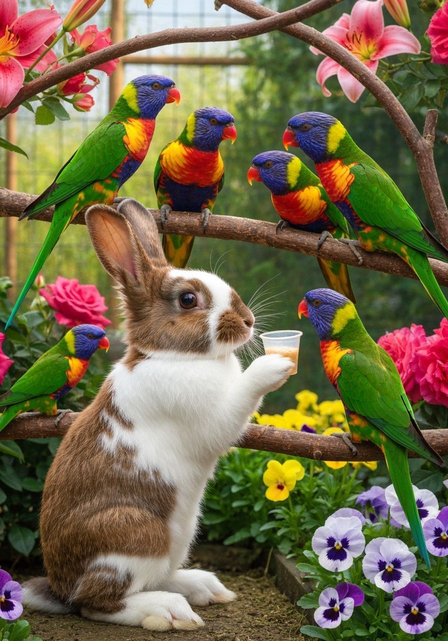 Rabbit Feeding Rainbow Lorikeets in Colorful Aviary