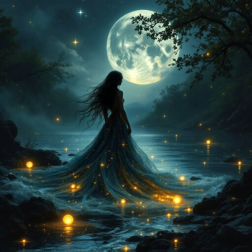 Moonlit River Witch Performing Twilight Ritual