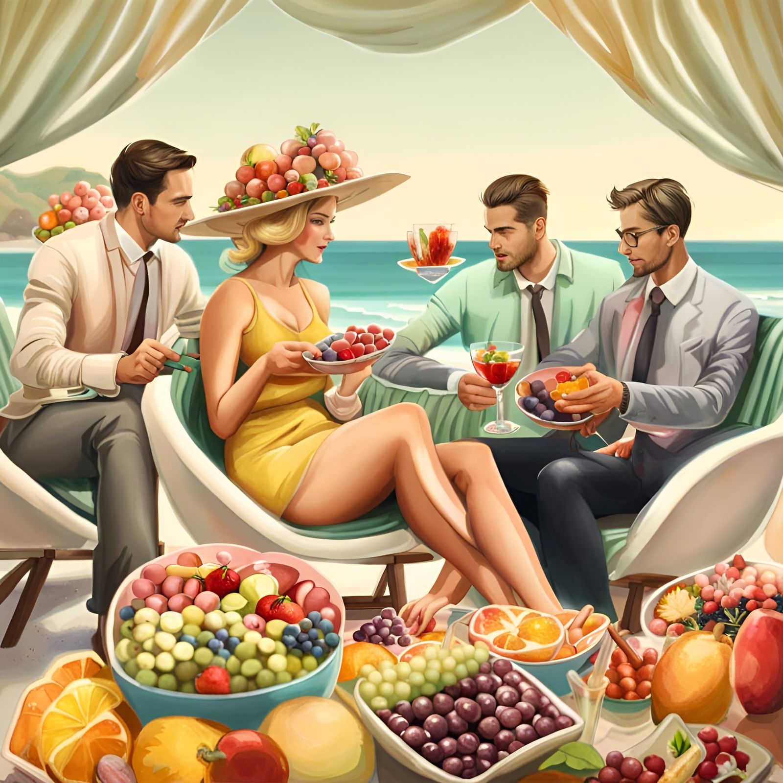 Beautiful Woman Pampered by Men on Tropical Beach