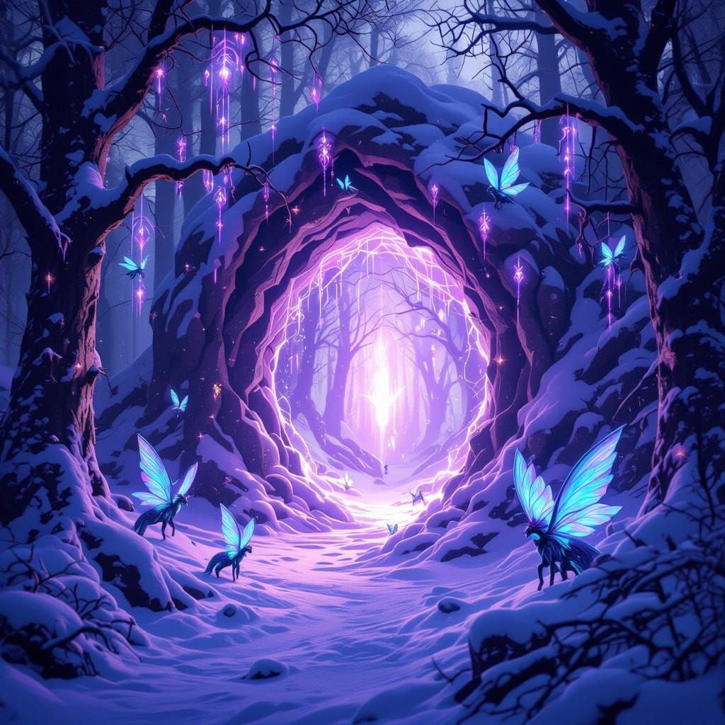 Mystical Portal in Snowy Forest, Glowing with Ethereal Purpl...
