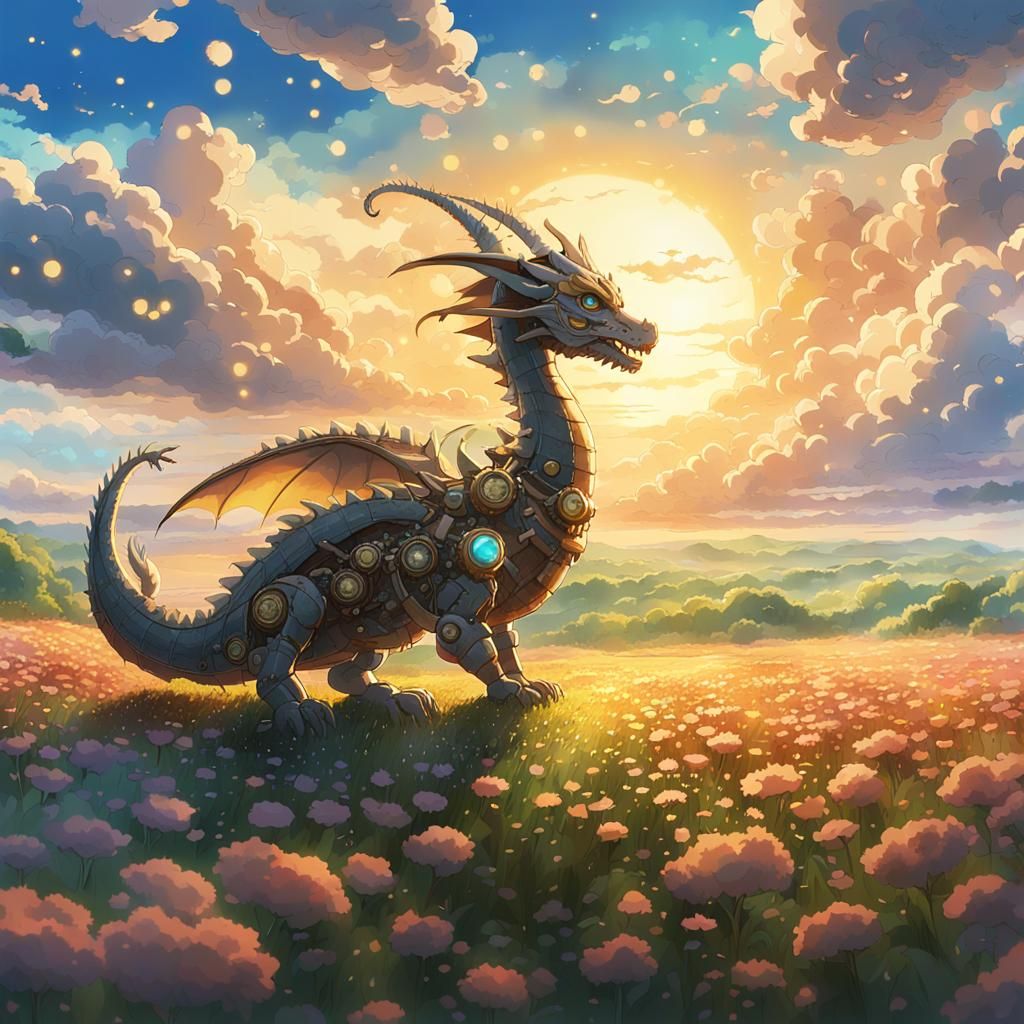 Steampunk Dragon in Wildflower Field: Anime Key Visual