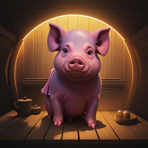 Vibrant Hyperrealistic Pig in Sauna Scene