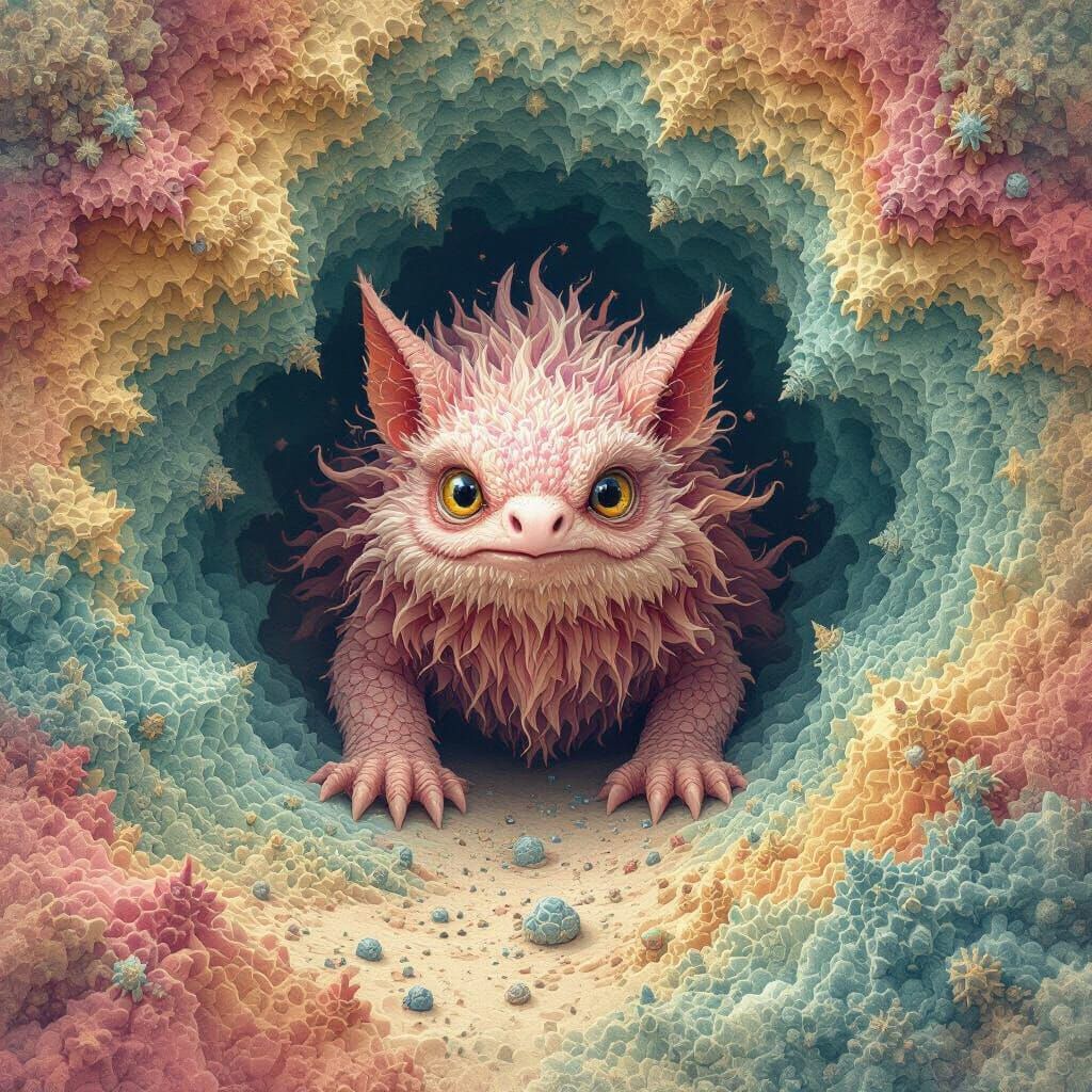 Pink-Haired Monster Guarding Sacred Cave, in Zentangle Style