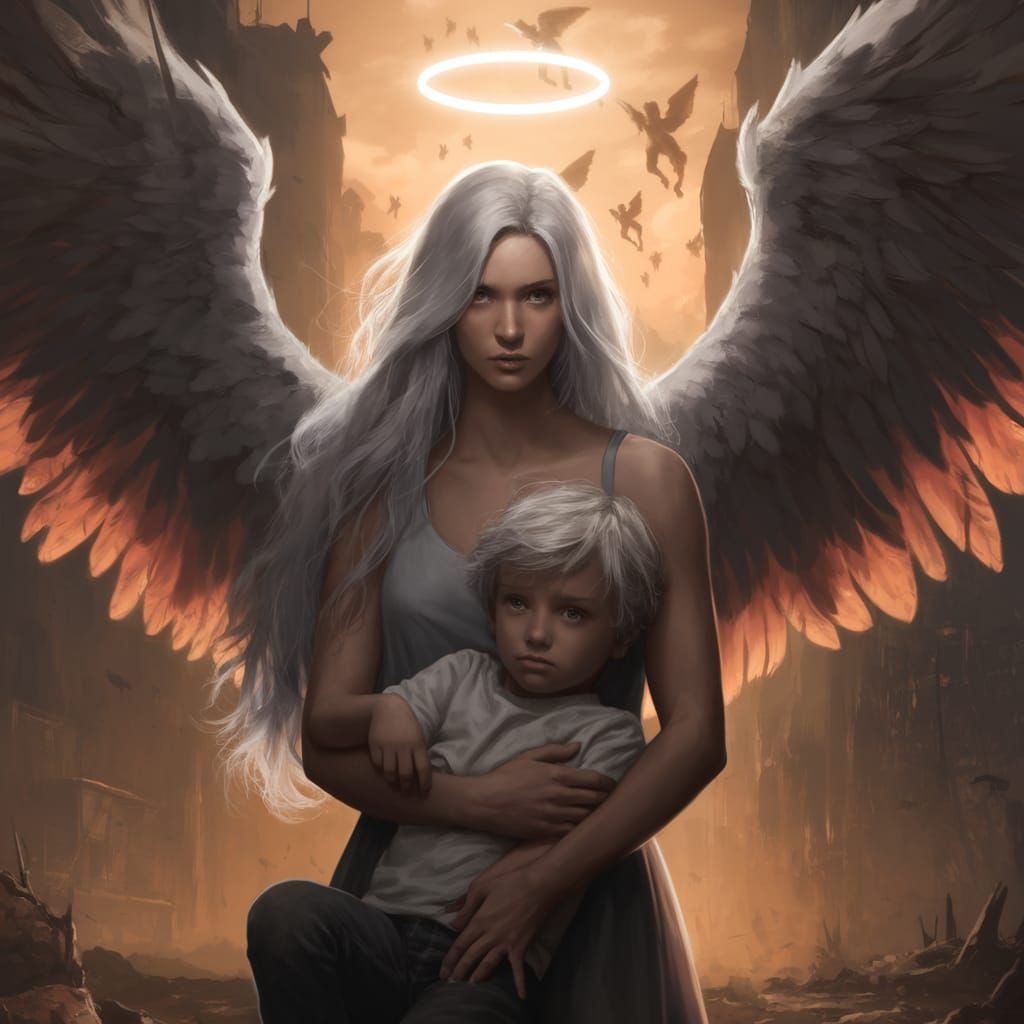 War-Torn Cityscape with Angelic Mother and Son