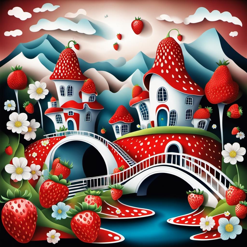 Strawberry House Fairytale Landscape with Zentangle Elements