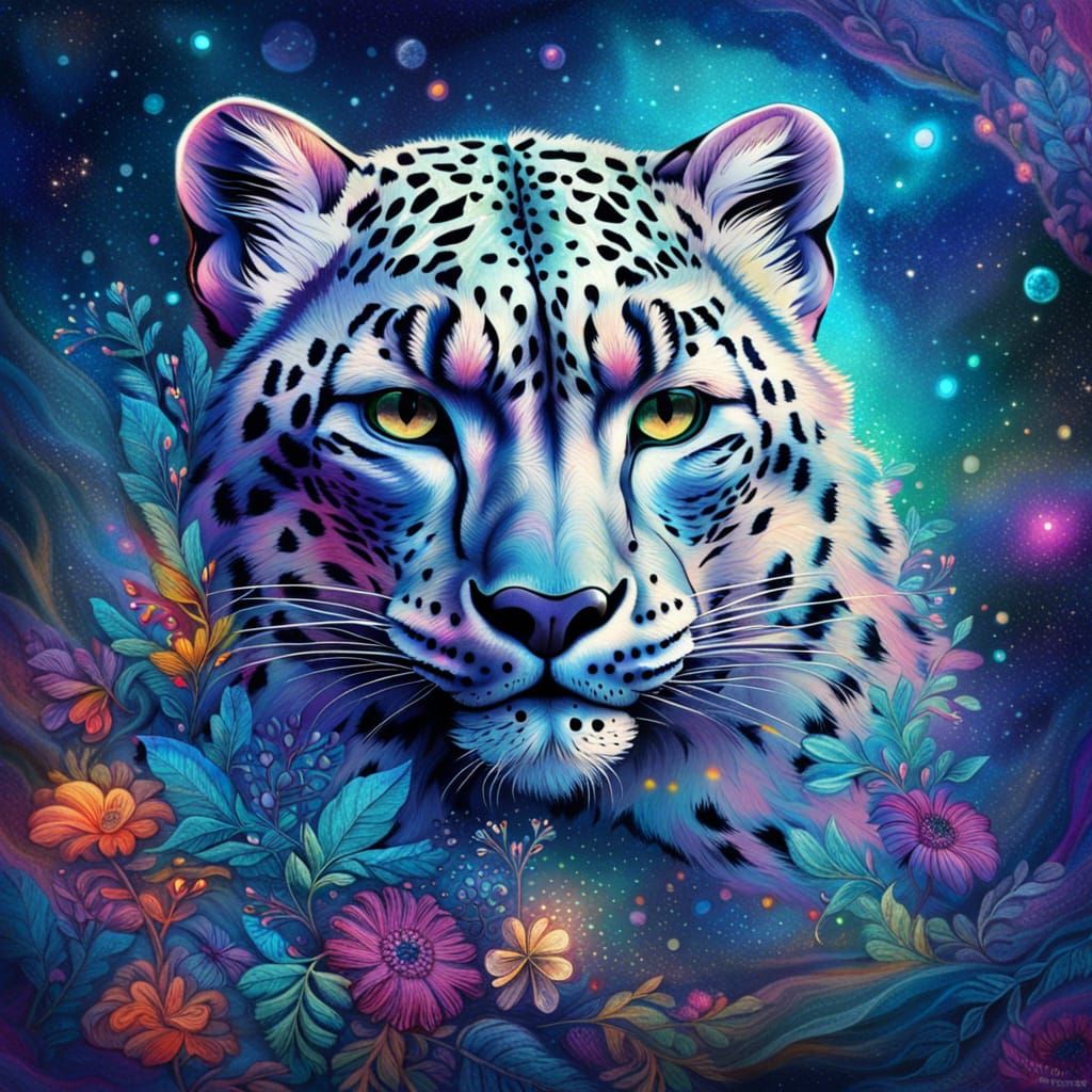 Crystalline Snow Leopard: Holographic Astral Illustration