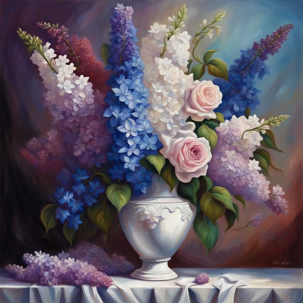 Hyperrealistic Bouquet of Lilacs, Roses, and Delphiniums