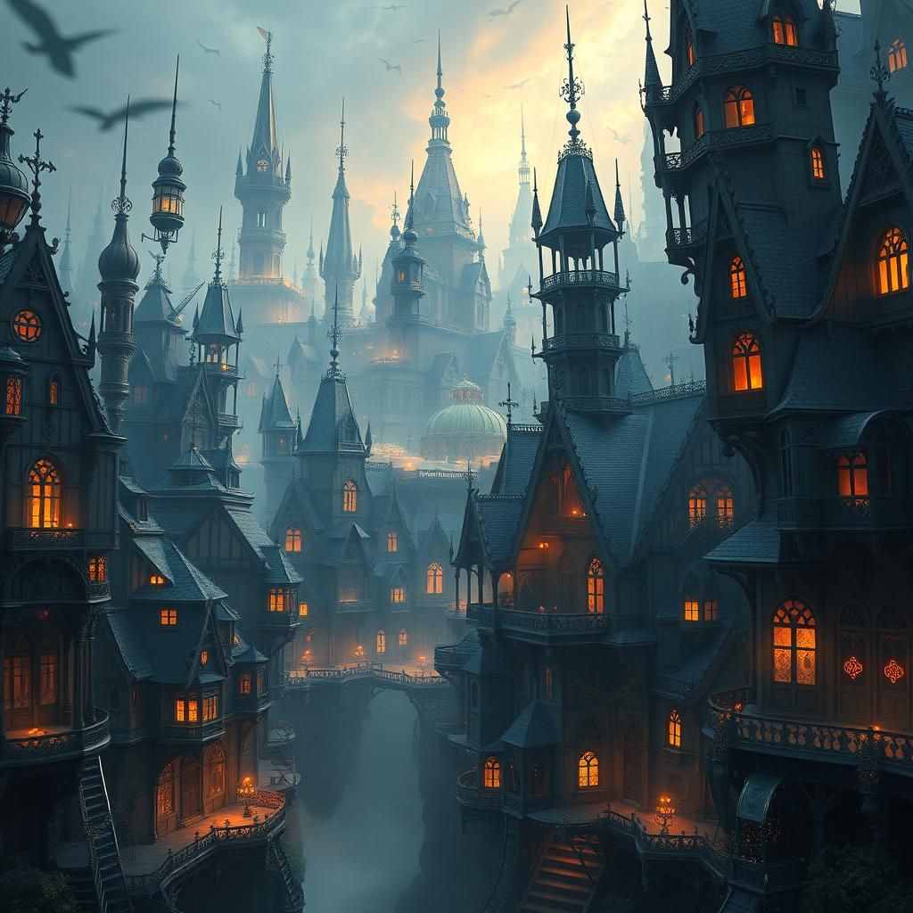 Epic Floating Victorian Gothic City Painting