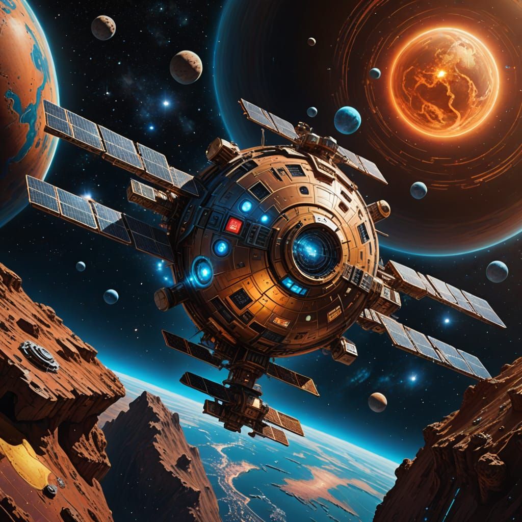 Cosmic Space Station in Orbit around Golden Planet