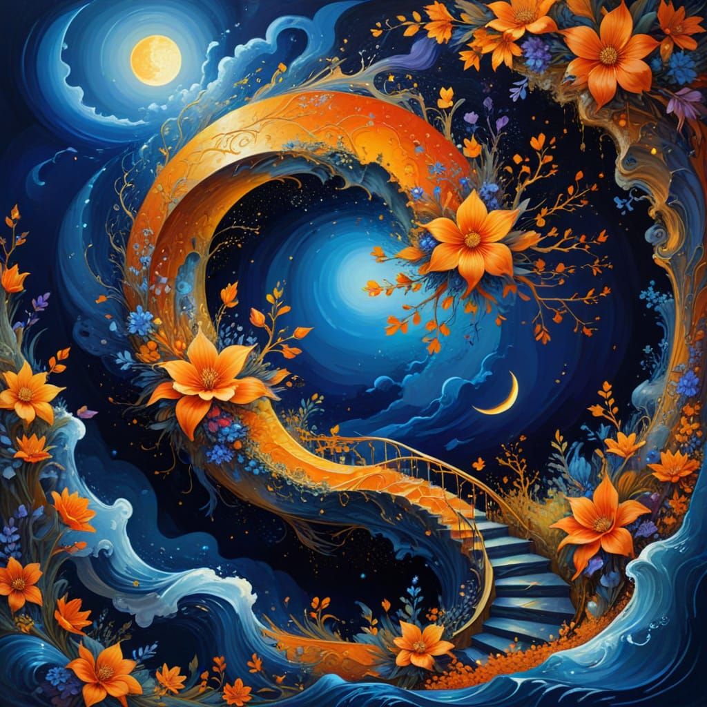Surreal Masterpiece: Golden Flower Steps on Half Moon