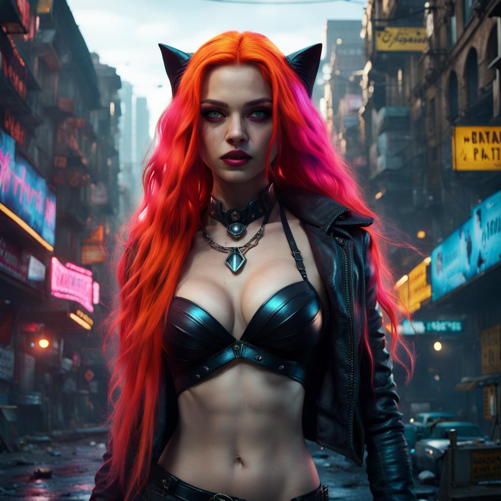 Neon-Haired Woman in Cityscape: Detailed Digital Art