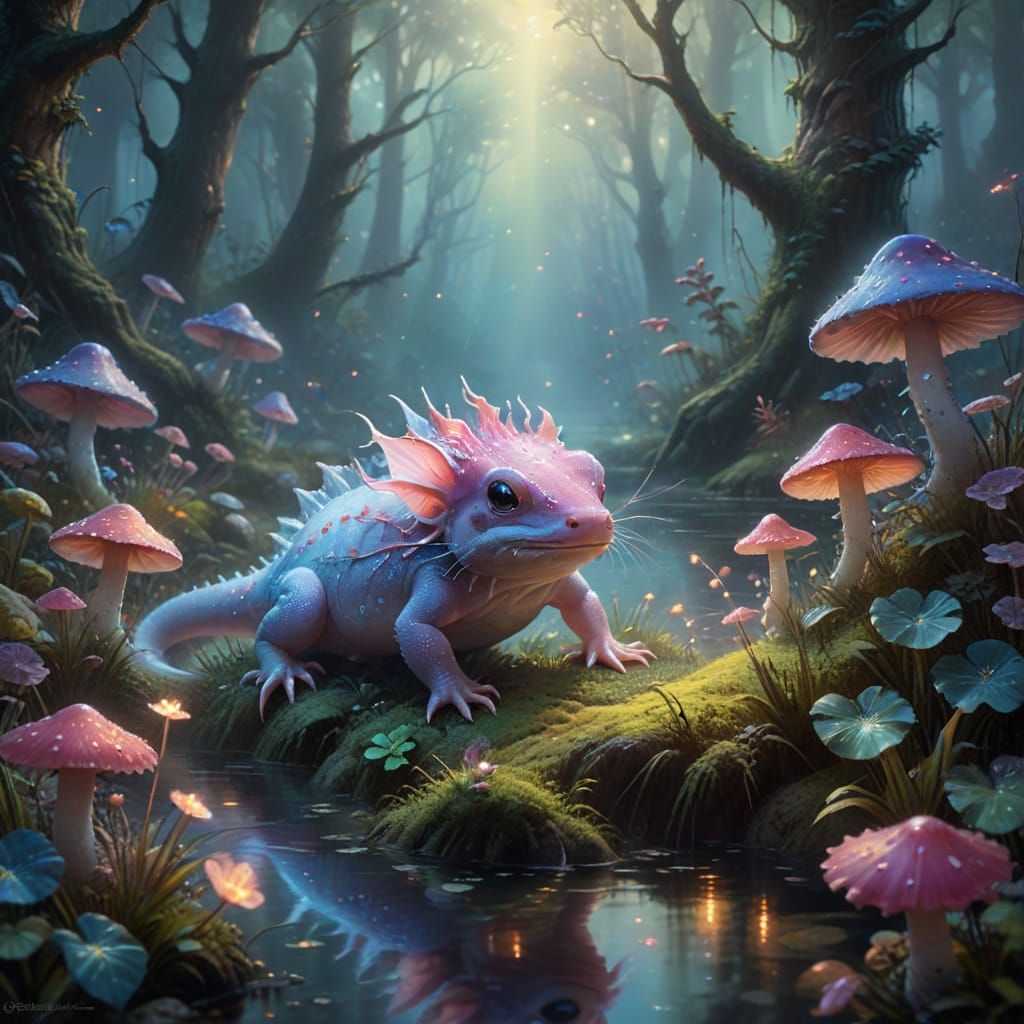 Ethereal Axolotl in Vibrant, Fantastical Realm