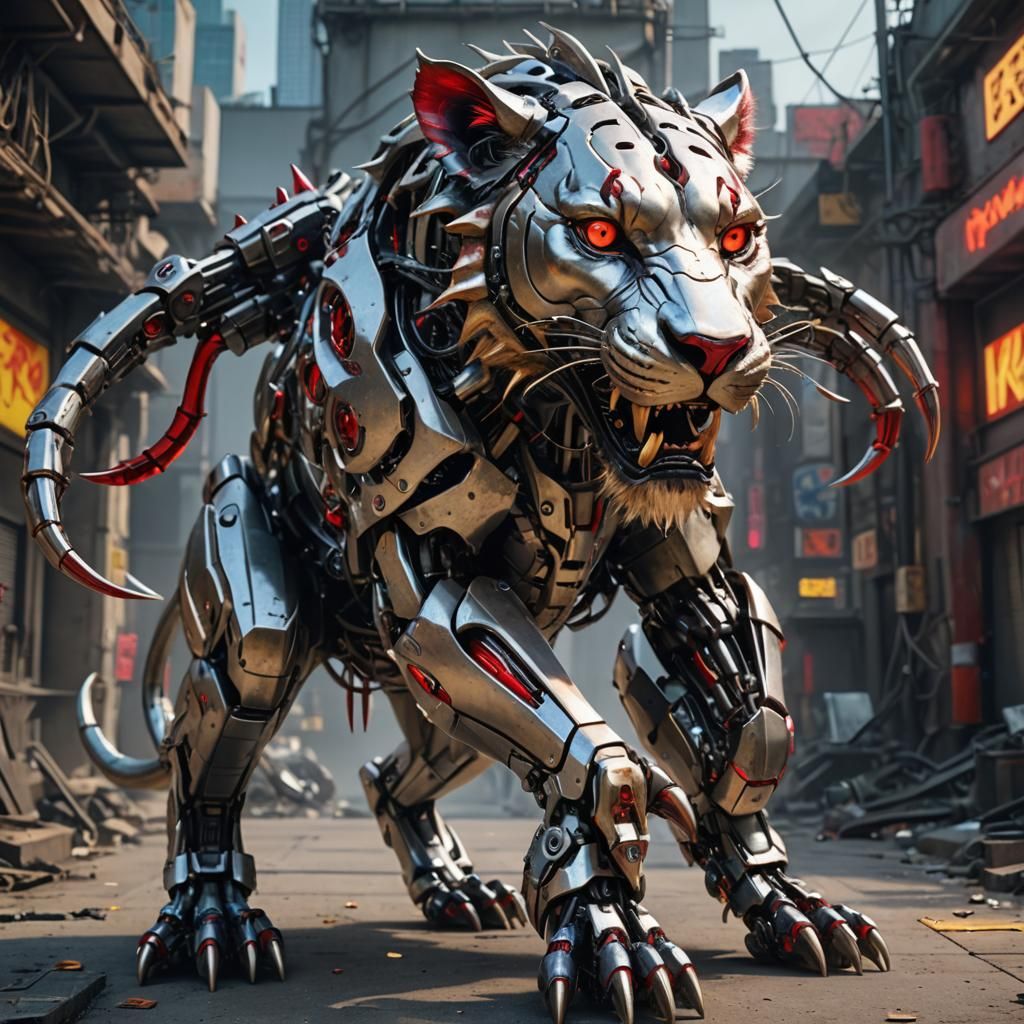 Futuristic Robotic Lioness with Metal Fangs