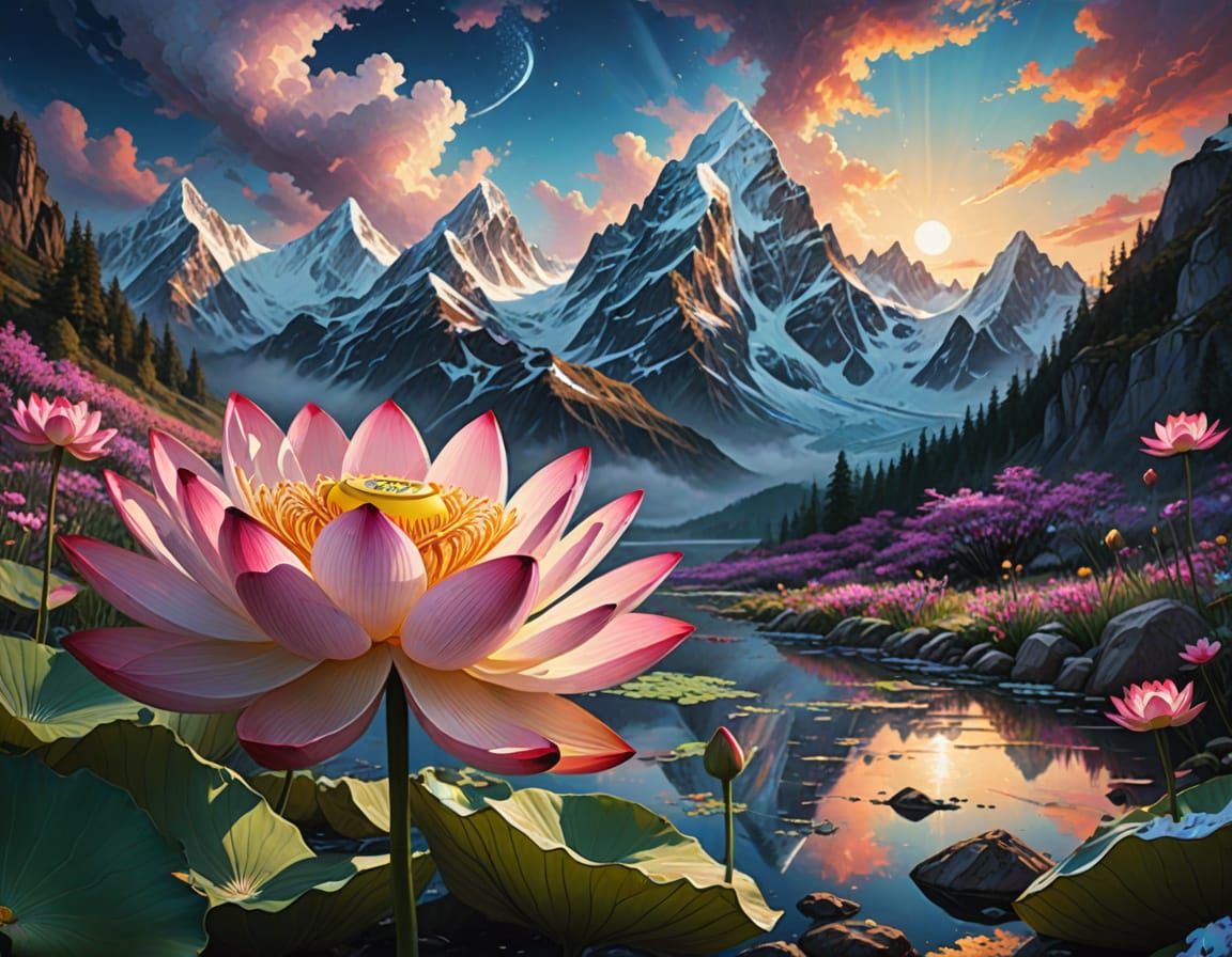 Surreal Lotus Blooms atop Snowy Mountain Peak in Vibrant Dig...