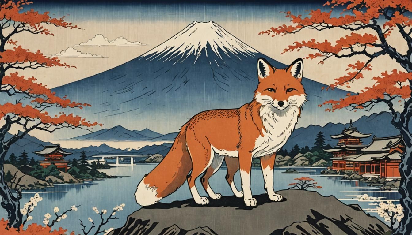 Kitsune Fox in Ukiyo-e Landscape