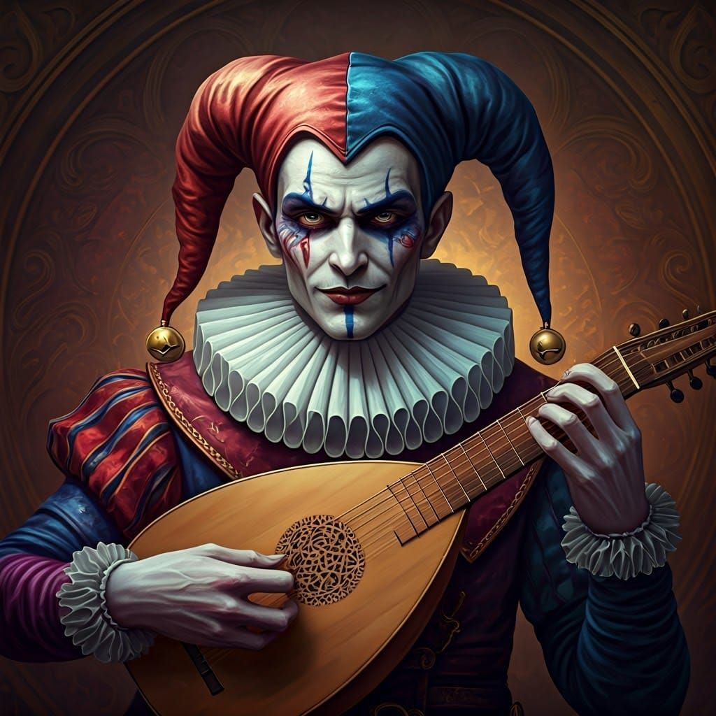 Mysterious Court Jester in Lavish Attire Plays Lute in Medie...
