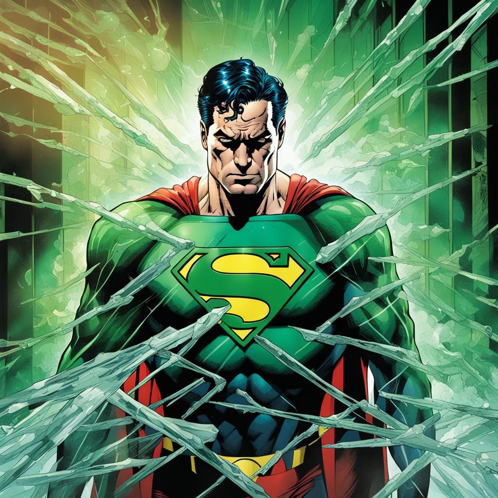 Superman imprisoned in a Kryptonite crystal, his face twiste...