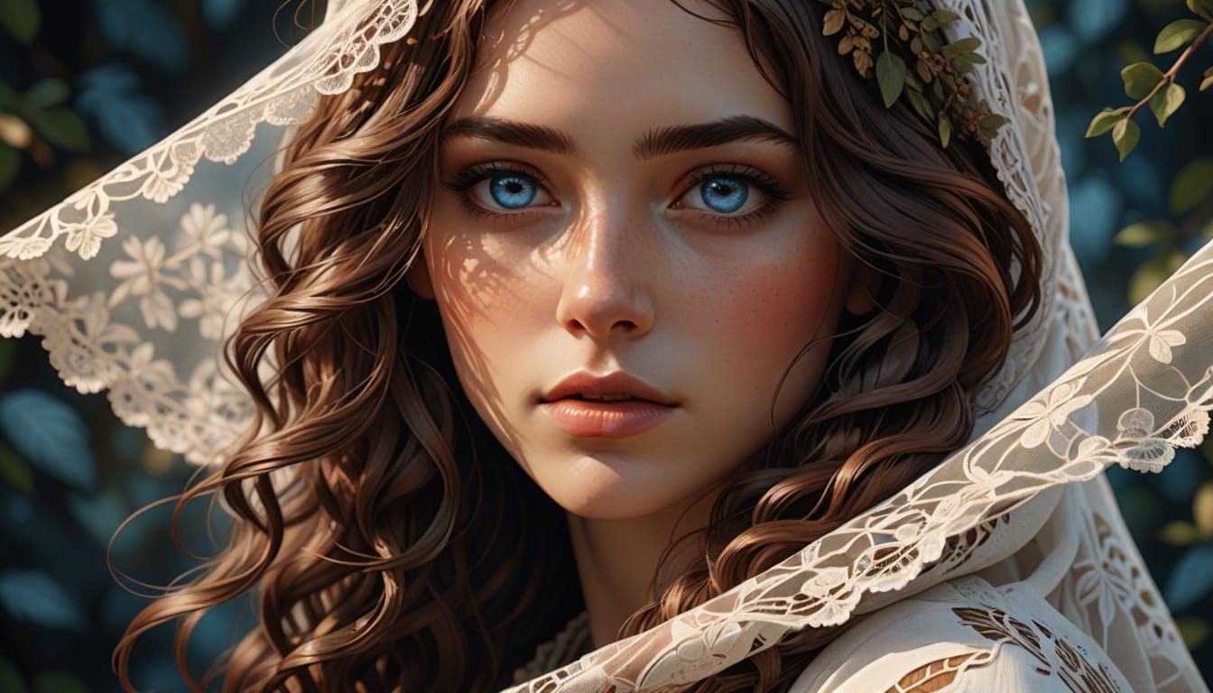 Anime Woman in Lacy Veil, Bohemian Digital Art