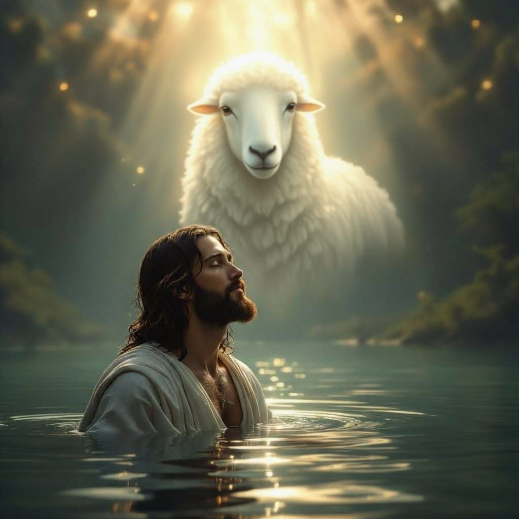 Jesus and Majestic Lamb Head in Cinematic Landscape