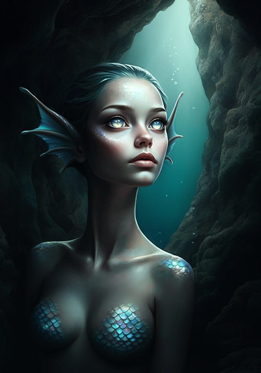 Serenely Gazing Mermaid in Underwater Lair