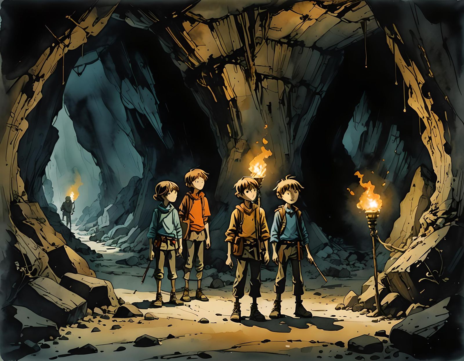 Children Explore Dark Cave with Skeletons, Watercolor Art