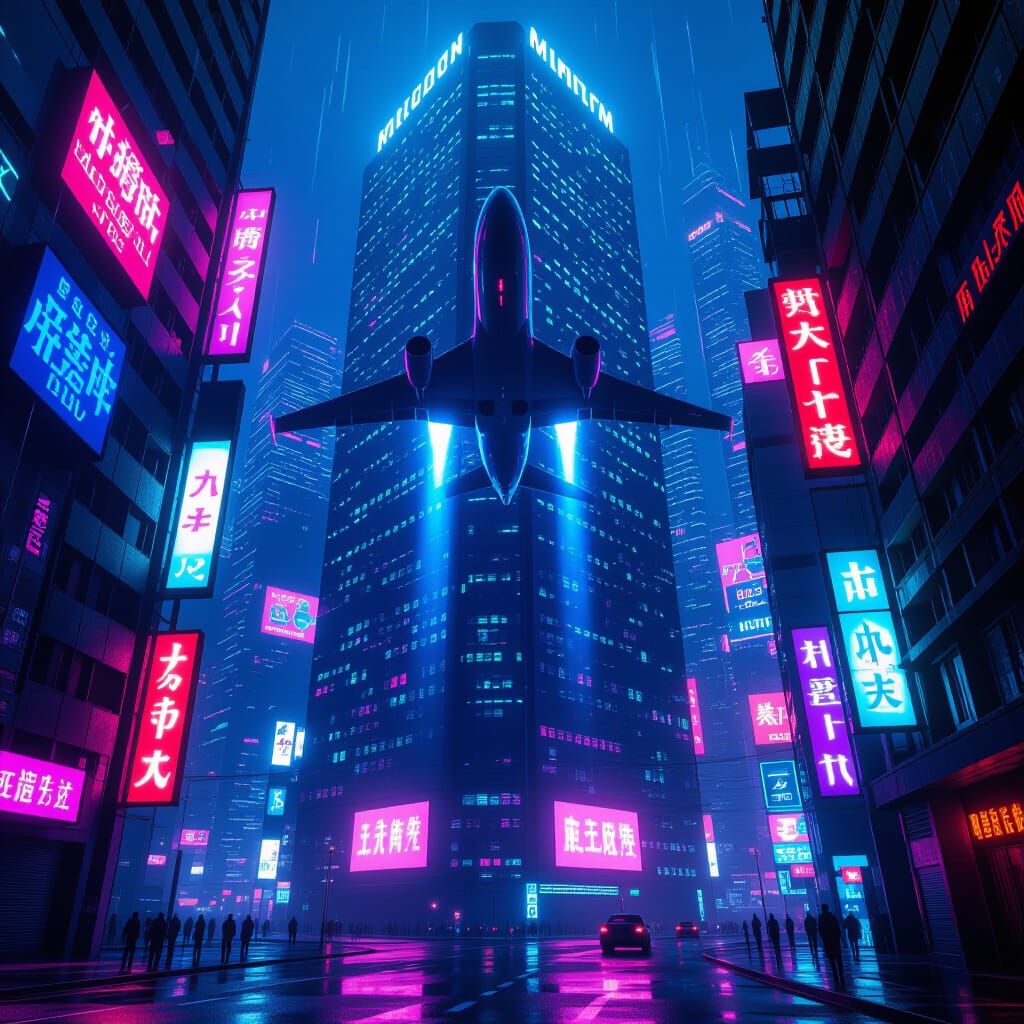 Futuristic Airplane Ascends Past Cyberpunk Skyscraper
