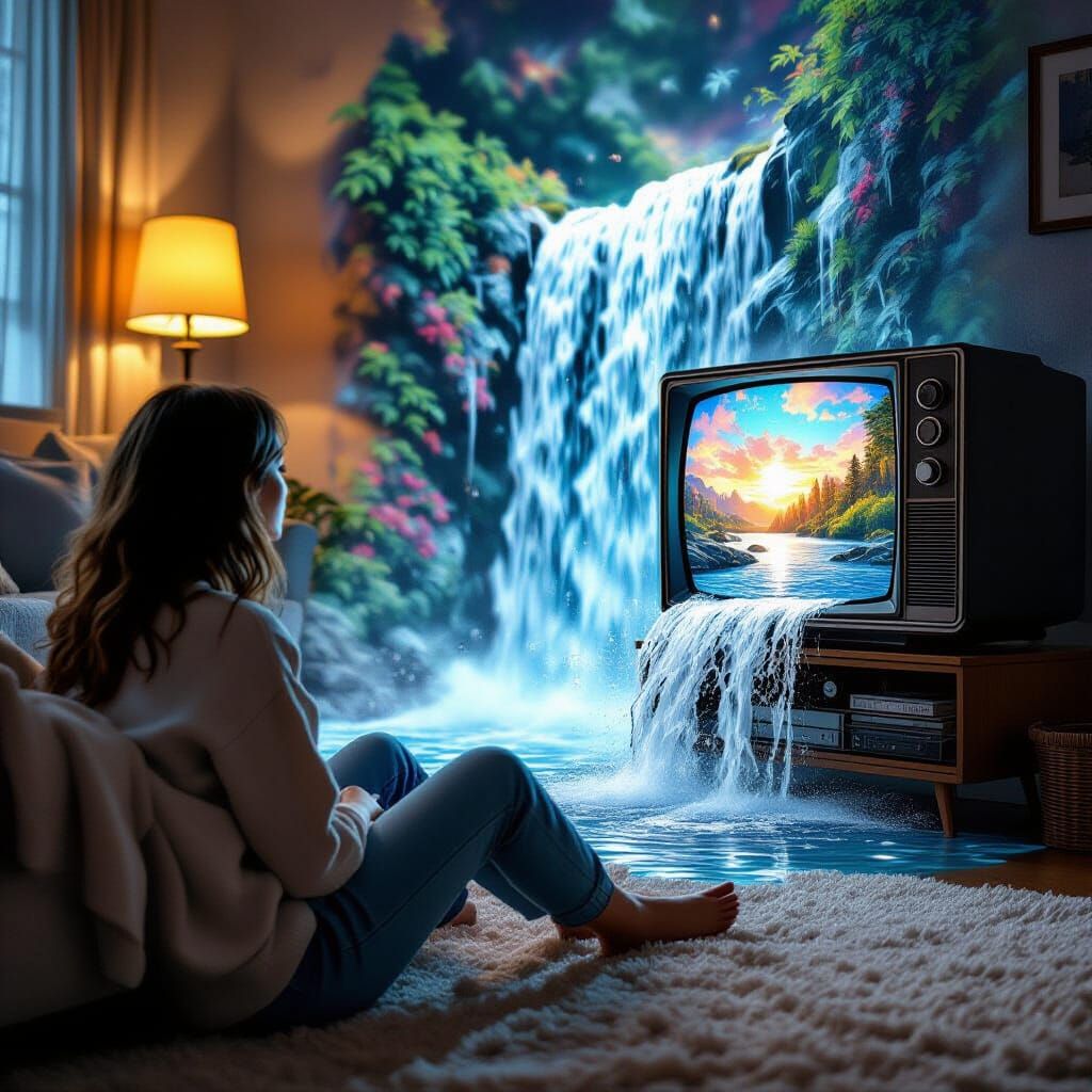 Hyperrealistic Waterfall from Retro TV Screen