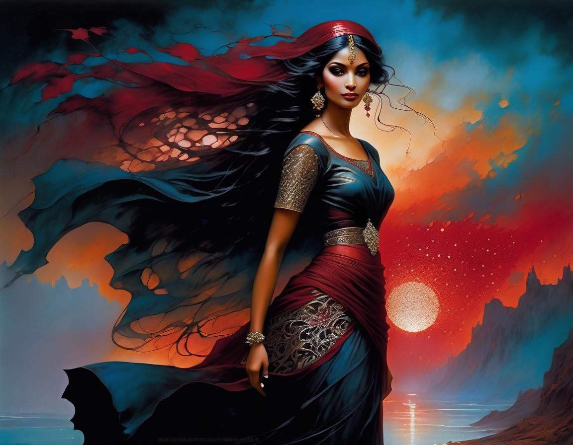 Dreamy Woman in Red: A Digital Fantasy Art Piece