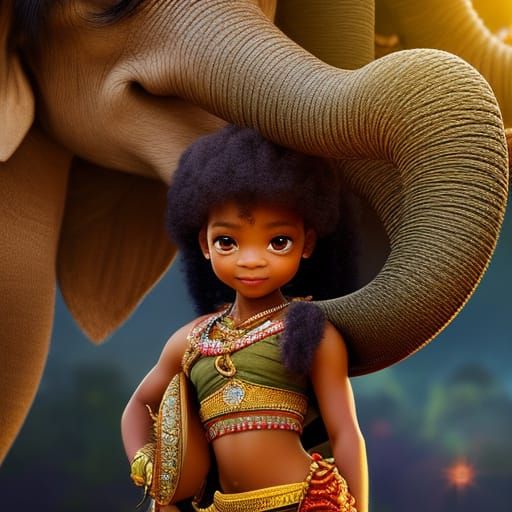 Adorable Chibi Girl on Elephant, 3D Render