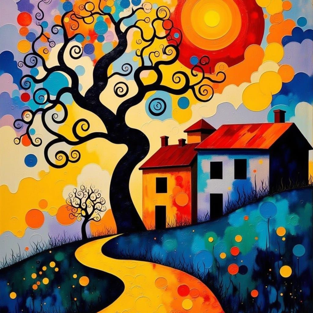 Vibrant Abstract Landscape in Joan Miró Style