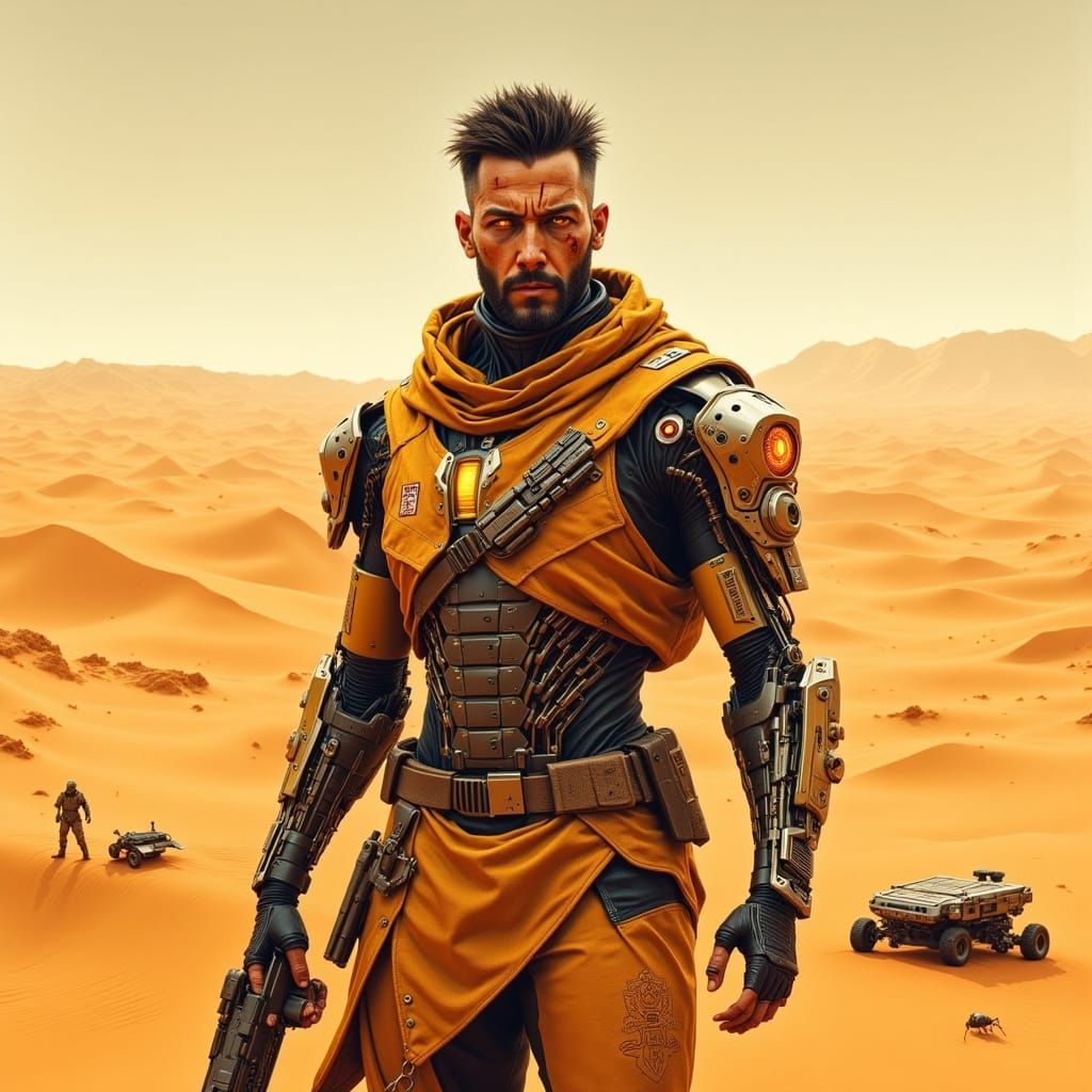 A cyborg human named Solaris Vanguard stands amidst a sprawl...