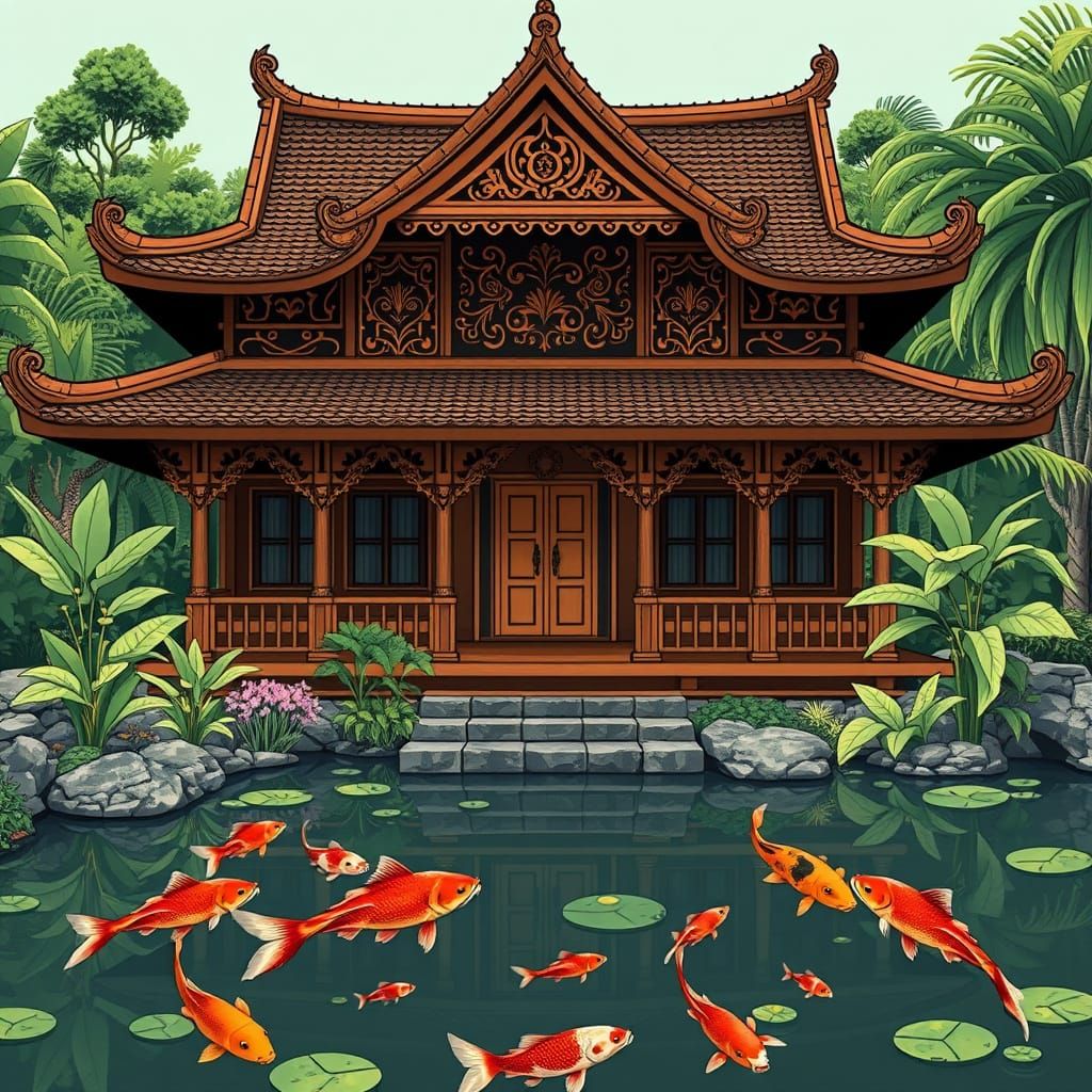 Thai House with Koi Fish in Charley Harper Style