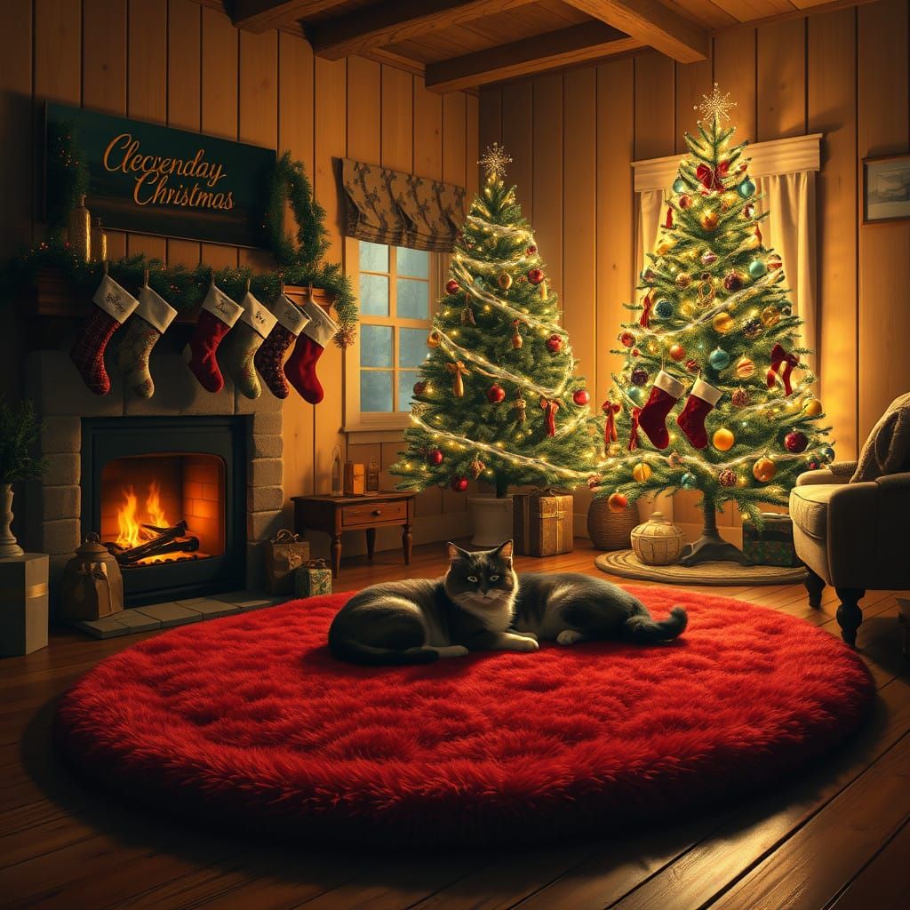 Warm Cozy Christmas Cottage Living Room Scene with Crackling...