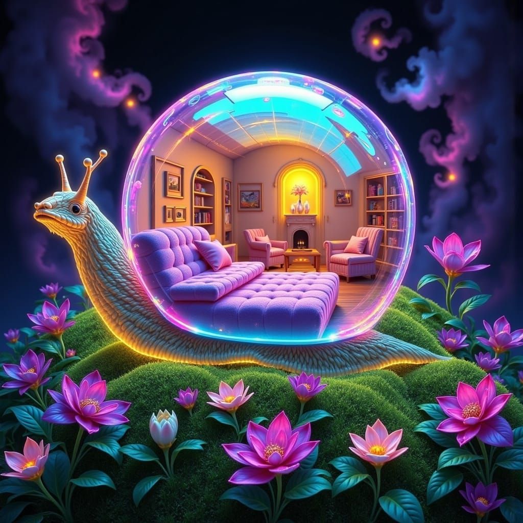 Ethereal Snail Home in Neon Cyberpunk Style