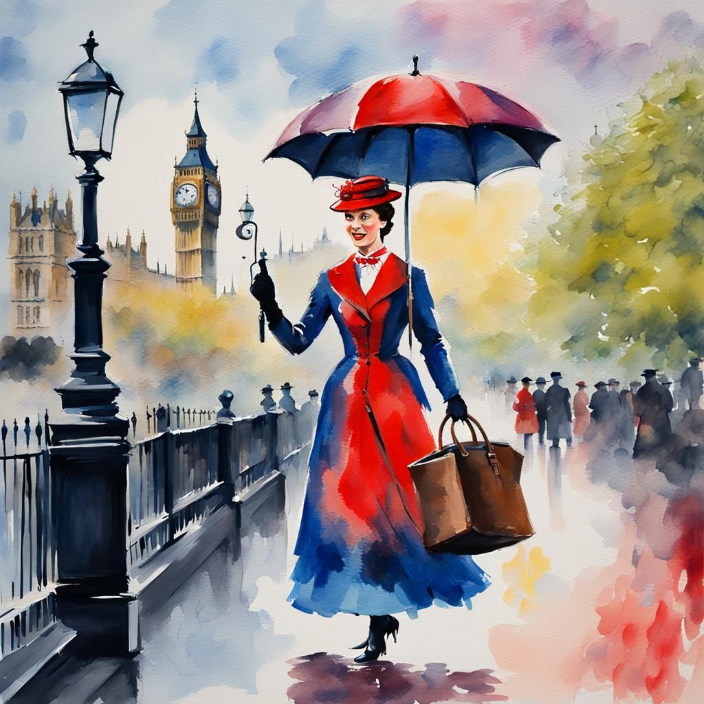 Mary Poppins in London Watercolor Gouache Style