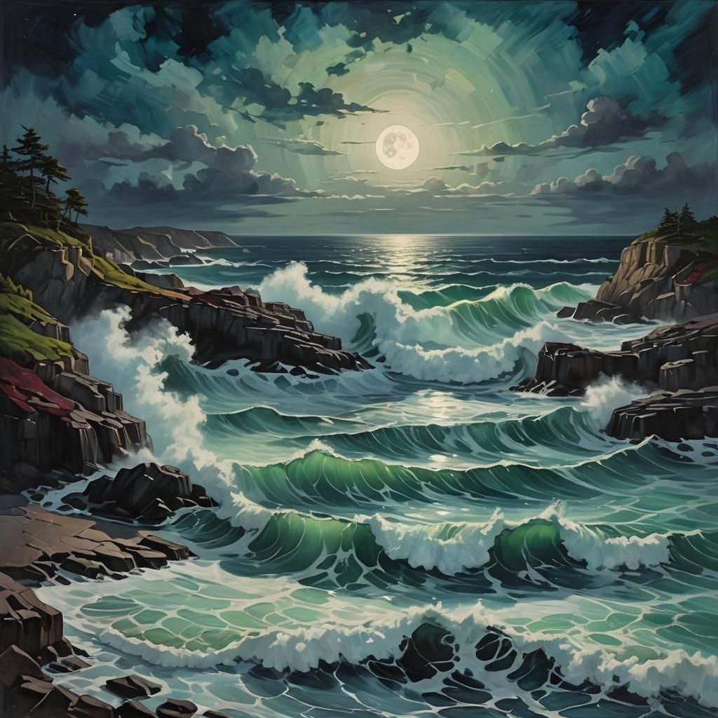 Moonlit Ocean Dreamscape as Watercolor Painting