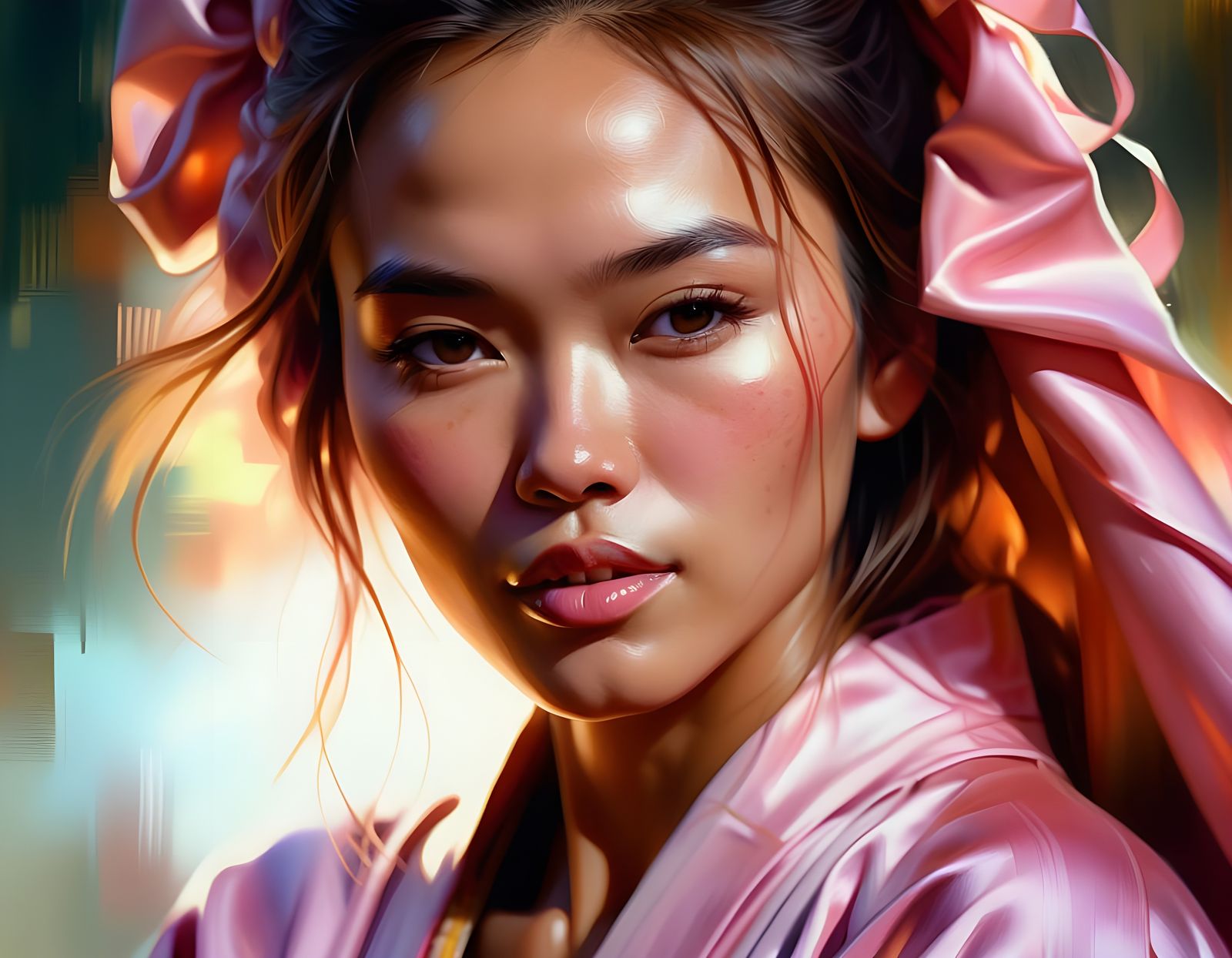 Filipino Woman in Flowing Silk Robe, Embarrassed Expression