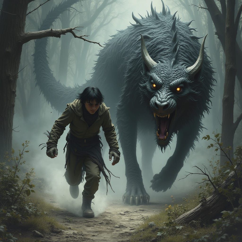 Fleeing Human Chased by Malevolent Dragonwolf in Dark Fantas...