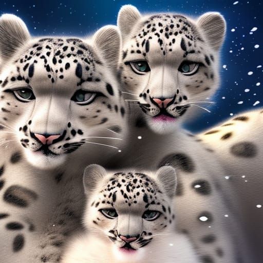 Snow Leopard Family: 3D Digital Art