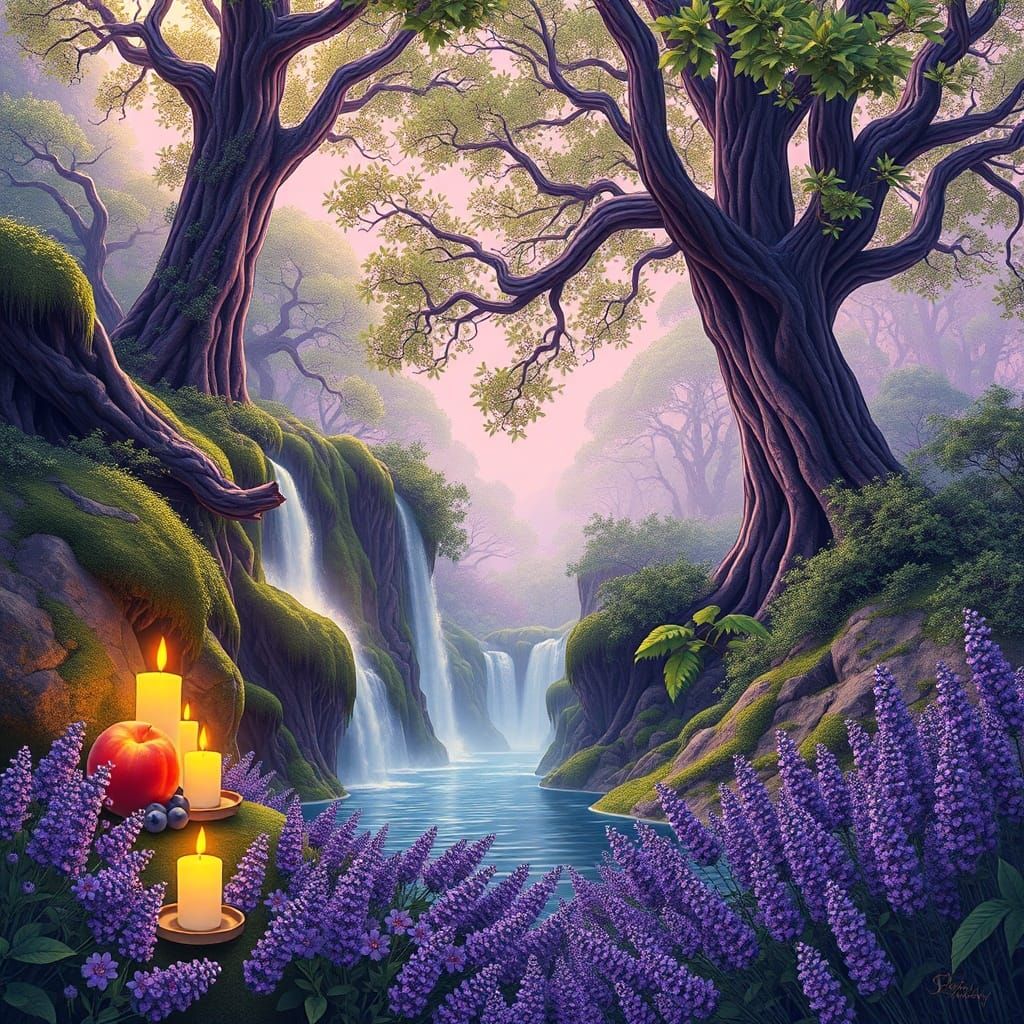 Surreal Purple Landscape with Waterfall in Art Nouveau Style