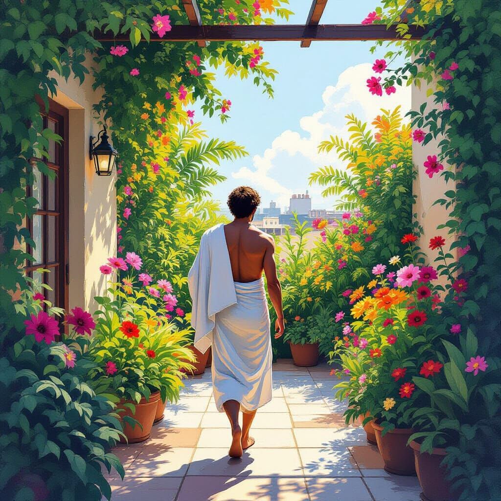 Man Visits Lush Rooftop Garden with Vibrant Flowers