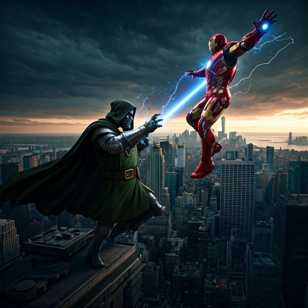 Epic Battle Between Doctor Doom and Iron Man in Cyberpunk Ne...