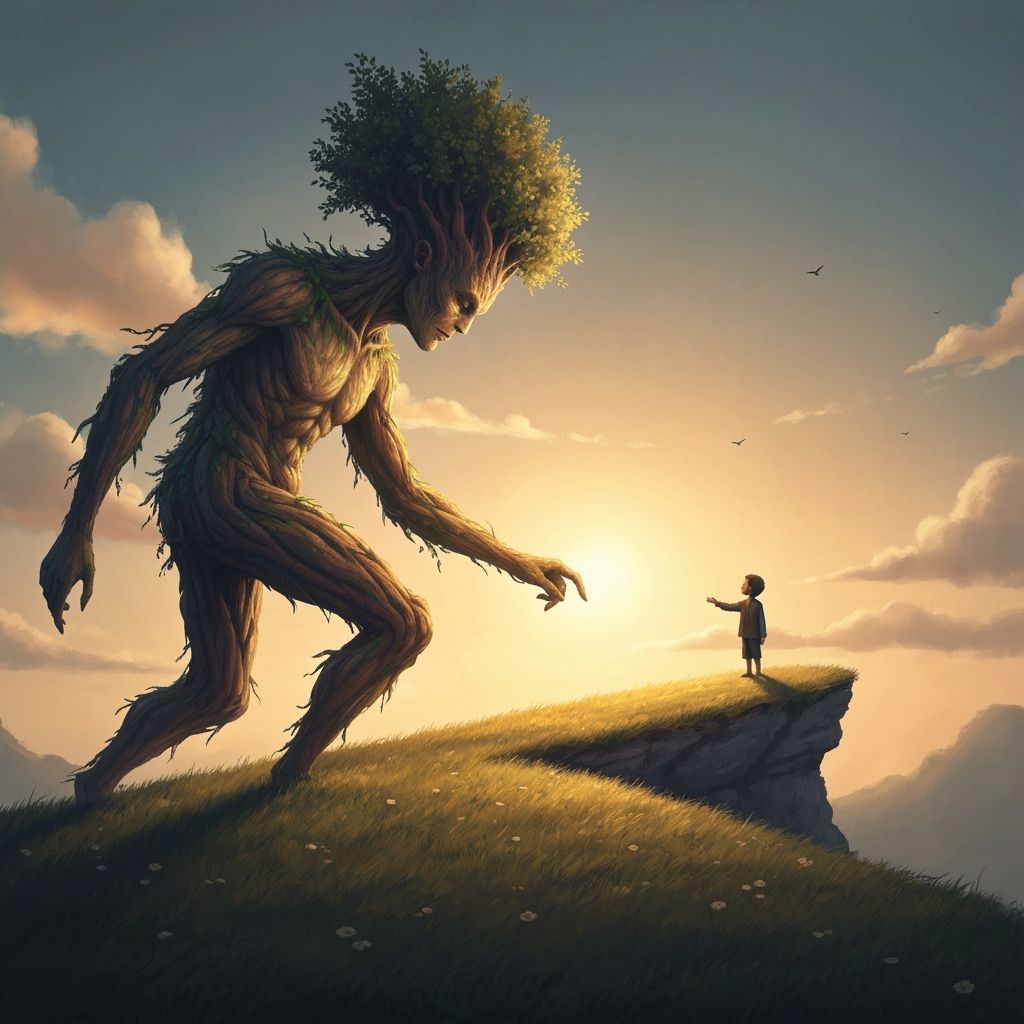 Giant Tree Creature and Boy in Magical Landscape
