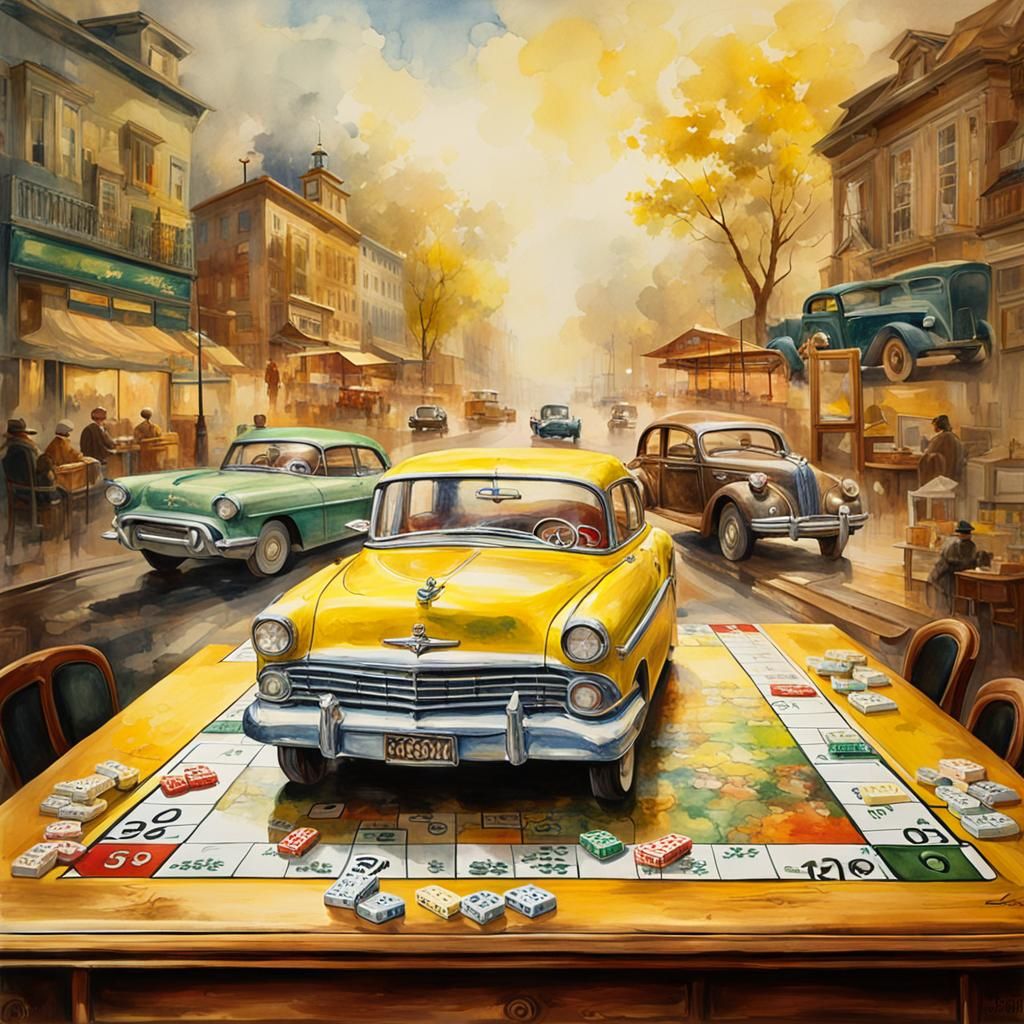 Monopoly Game with Vintage Cars in Watercolor Style