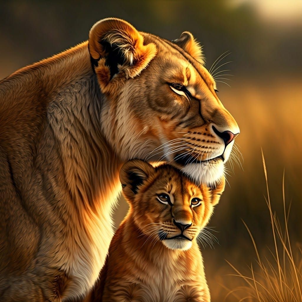 Lioness and Lion Cub Share Tender Moment in Golden Light