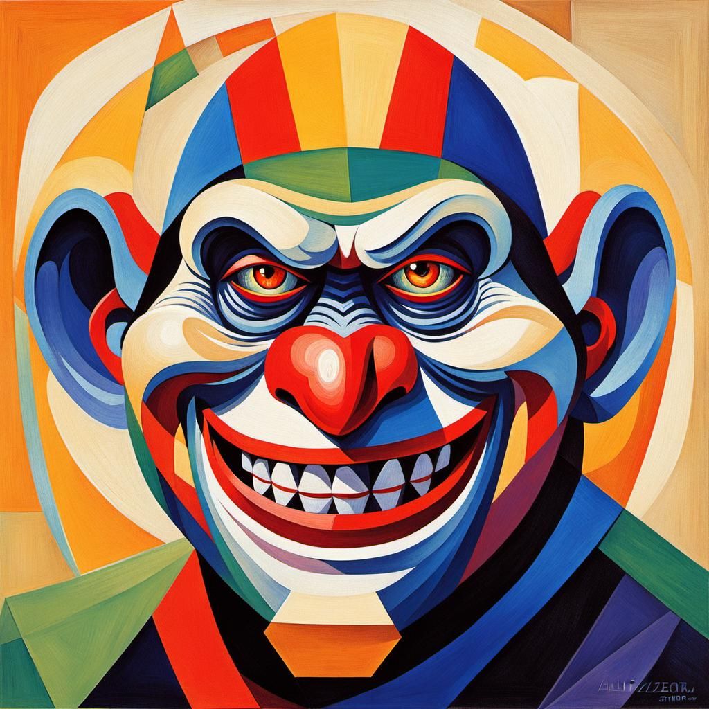Zombie Monkey Clown Maniacal Grin in Cubist Style