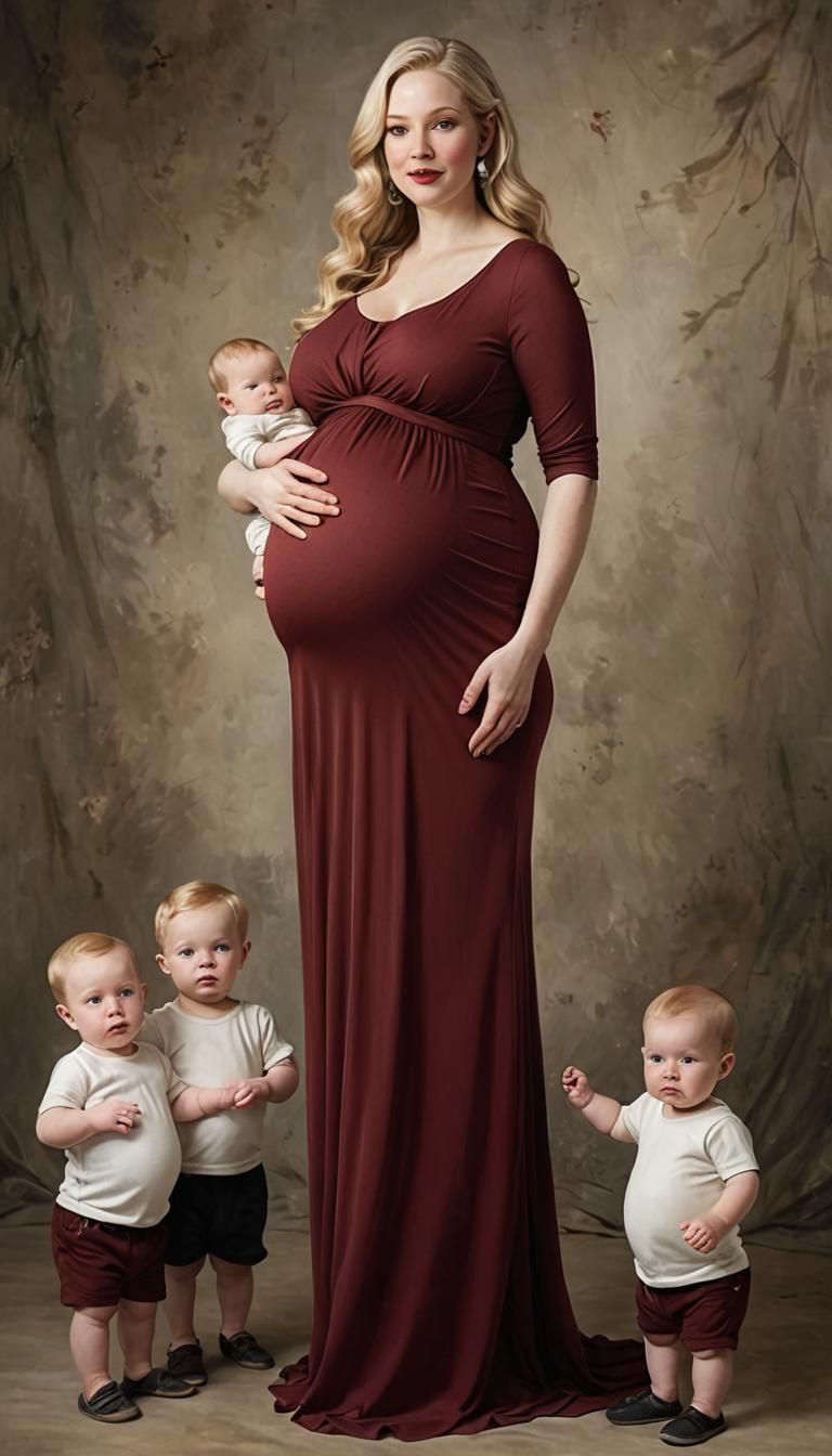 Woman Pregnant with Quadruplets in Red Dress