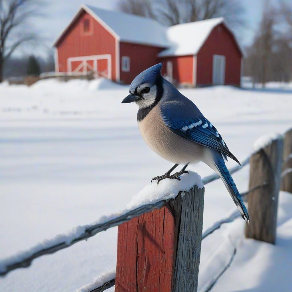 Blue Jay on Snowy Fence Post in Dramatic Winter Light