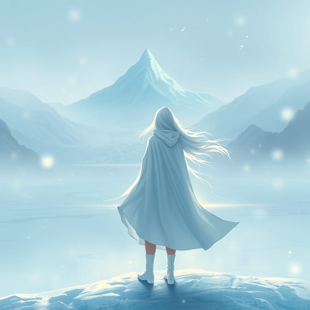 A Woman in White Silhouette Against a Frozen Glacier