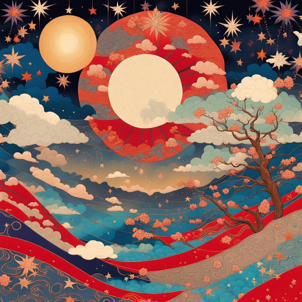 Celestial Scene in Vintage Kimono Fabric Style